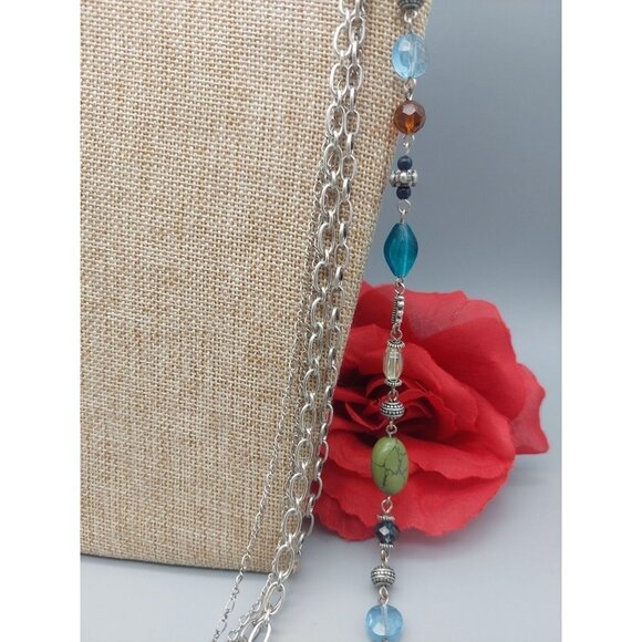 Premier Designs Silver Tone Necklace Multi Strand Chains Colorful Beads 36" - Picture 7 of 11